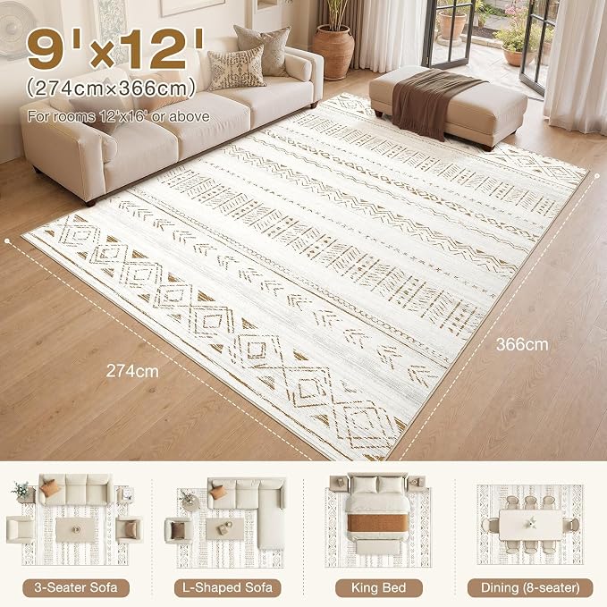 cotiled 9x12 Area Rugs Living Room Rug: Washable Boho Rugs with Non Slip Backing Large Soft Indoor Stain Resistant Carpet for Bedroom Farmhouse Dining Room Lightweight Home Decor L Brown/Cream
