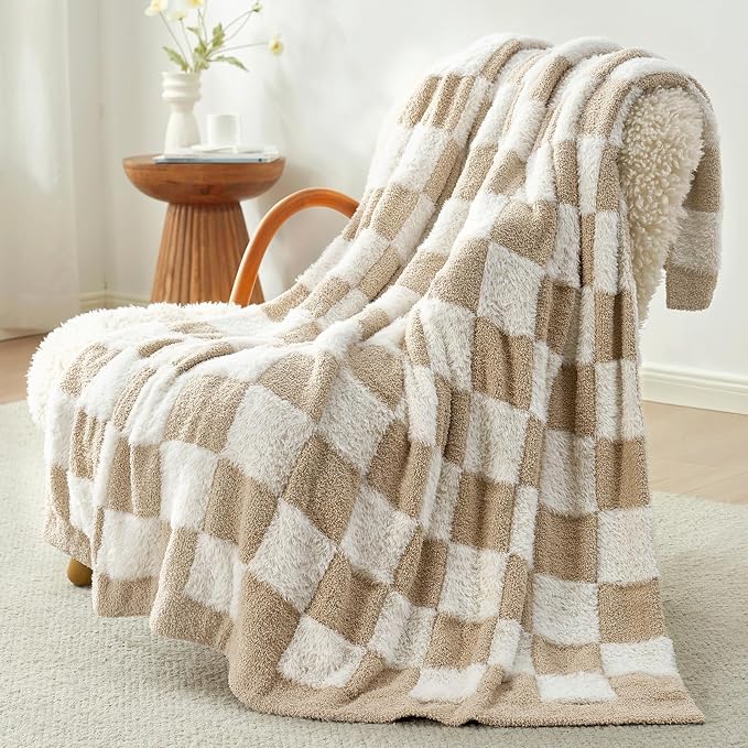 Snuggle Sac Fall Checkered Throw Blanket Faux Fur Microfiber Blankets for Couch,Cozy Soft Warm Blanket for Sofa Bedroom Living Room,Beige Checker,50x60 inches
