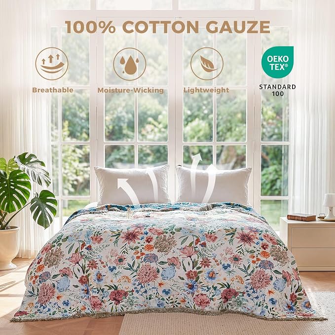 LUTBM Boho Throw Blanket for Couch 50"x60", Cotton Decorative Bed Throw | Reversible Floral Jacquard, All-Season Blankets, For Chair Sofa Living Room Decor, Lightweight Breathable Gauze, Women Gifts