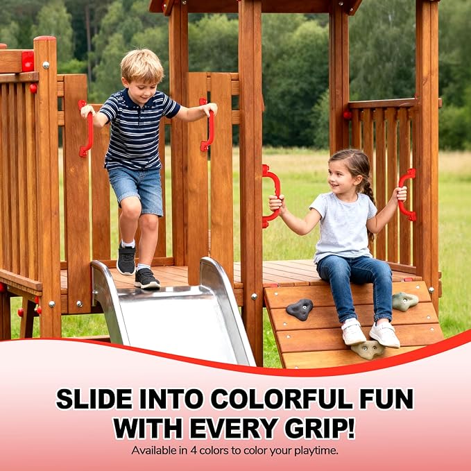 TOPNEW 4Pcs Kids Playground Safety Handles -Swing Set & Climbing Frame Hand Grips, Multi-Color Plastic Grab Bars for Outdoor Playhouse, Jungle Gym, Climbing Frame (Red)