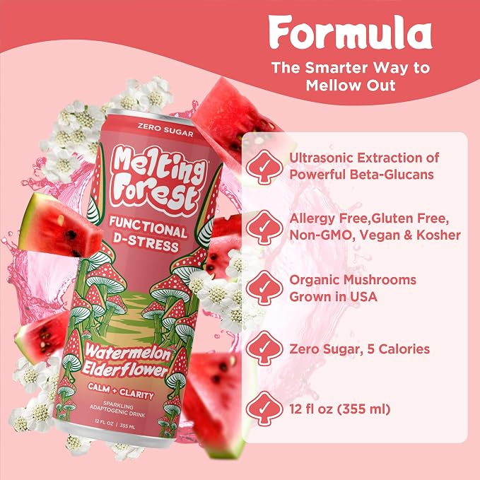 Melting Forest Functional D-Stress - Adaptogen Drink with L-Theanine, Reishi, Lion's Mane & Magnesium - Relaxation Drinks for Stress Relief - Zero Sugar, 5 Calories - Watermelon Elderflower (12-Pack)