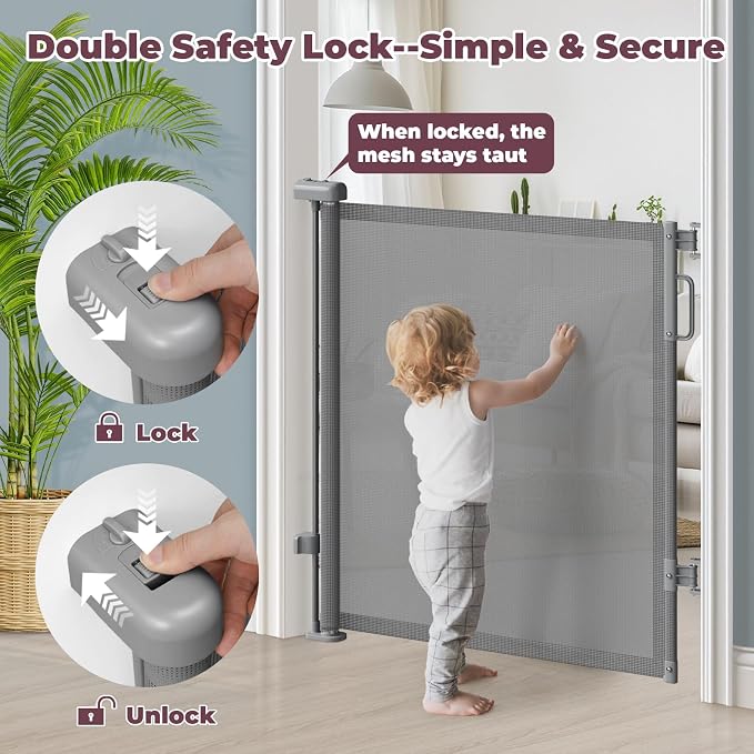 42" Extra Tall Retractable Baby Gates for Stairs, 76" Wide Dog Gate Indoor Outdoor for Doorways Deck Kitchen, Long Mesh Safety Gate for Child Toddler, Prevent Pet from Jumping Over, Grey