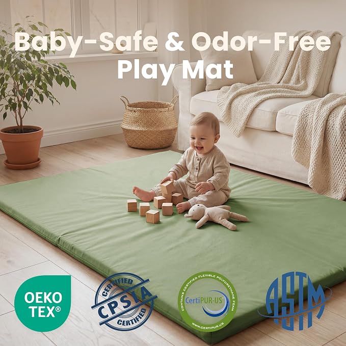 Huloo Sleep Baby Play Mat 65x50 Inches, 1.3" Thick Padded Waterproof Floor Cushion & Playpen Mat with Vegan Leather, Non-Slip & Non-Toxic Nursery Rug for Infants, Toddlers & Kids(Green)