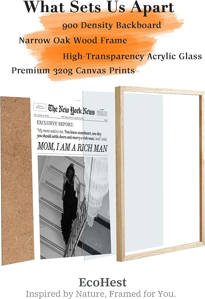 EcoHest Small 8x10 in Mom I Am a Rich Man Newspaper Framed Wall Art | Natural Oak Wood Frame, Canvas Wall Art, Girly Fashion Magazine Decor for Bedroom, Apartment, Dorm Room, College Room, 1Pack