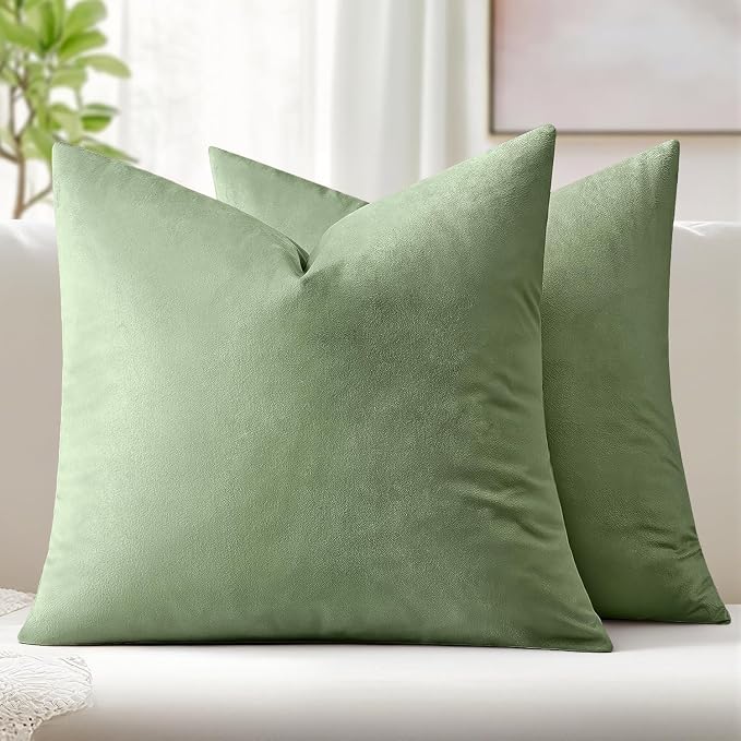 MIULEE 24x24 Inch Pack of 2 Euro Velvet Throw Pillow Covers Sage Green | Soft Solid Decorative Euro Sham, Modern Luxury Home Decor, for King Bed Sofa Couch Bedroom Livingroom