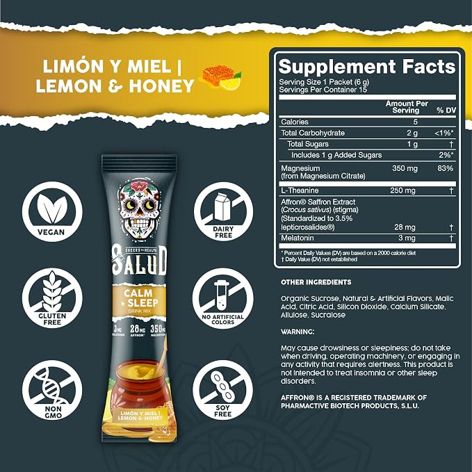 Salud 2-in-1 Sleep Aid + Calm Drink Mix, Lemon Honey Flavor, Melatonin, Magnesium, Saffron Extract, L-Theanine, Non-GMO, Gluten Free, Vegan, Low Calorie, 1g of Sugar (15 Servings)