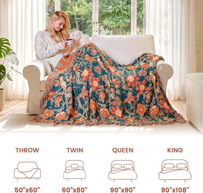 MSGKV Boho Throw Blanket 50"x60" Cotton Bird Floral Blanket for Couch | Muslin Throw, Bird Floral Pattern, Reversible Woven, Lightweight Comfort, Farmhouse Decor, All Seasons, Machine Washable