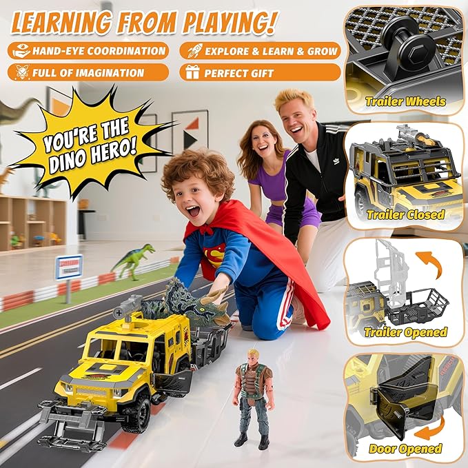 EKU Dinosaur Transport Truck with Trailer and 10 Sounds, Launcher, Clamp, Heads Moves Attack Triceratops Figure, Human, Carrier, Push and Go Adventure Vehicle for Jurassic World Toys Kids Boys Girl 3+