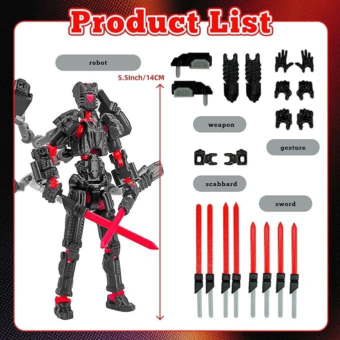 Assembly Completed T13 Action Figure，T13 mision 13 figuras originales 3D Printed Toys Nova 13 Action Figures Desktop Decorations for Game Lovers Toy (Black Red, 5.5 Inch)