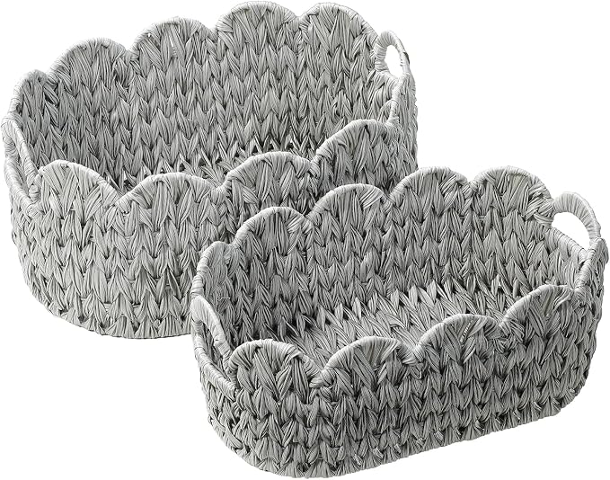 Coeusy Wicker Scalloped Basket Set of 2,Woven Storage Baskets for Shelves,Closet,Laundry,Gift,Towels,Books,Toys,Waterproof Cute Decor Basket for Organizing,Grey