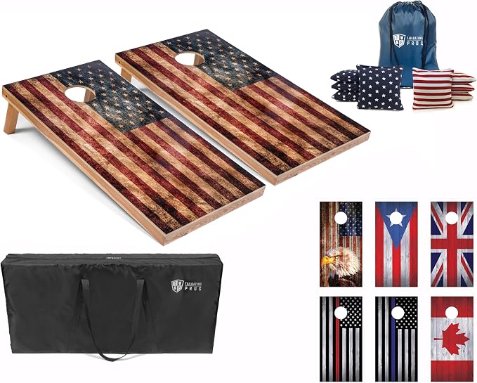 Tailgating Pros Regulation Cornhole Boards Flag Set - Includes 8 Bean Bags, Carrying Cases, and 4'x2' Corn Hole Toss Game