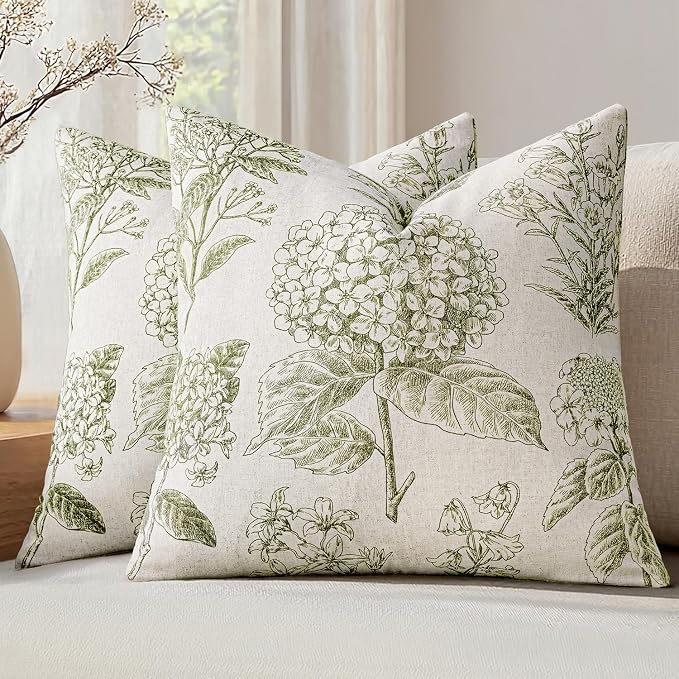 Set of 2 Decorative Floral Pillow Covers 20x20 Inch Light Green | Neutral Hydrangea Print, Boho Vintage Throw Cushion Covers, Cottagecore Home Decor, for Sofa Couch Porch Bedroom Living Room