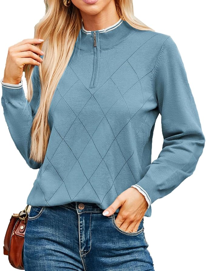 JACK SMITH Quarter Zip Pullover Sweaters for Womens, Rib Polo Sweater Tops | V Neck,Knit,Long Sleeve,Argyle,Open Pattern,Callar,Lightweight,Fashion,Golf Work Business Daily Wear Versatile Pullover Shirt