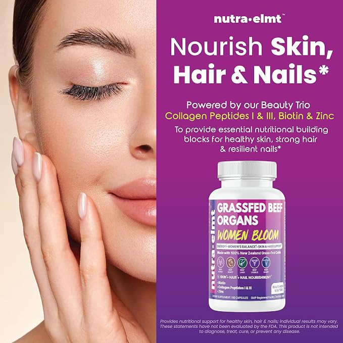 Beef Organ Supplement for Women – NZ Grass Fed | Biotin Collagen Zinc | Women’s 5-organ blend with Uterus & Ovary + Beauty Trio: Biotin, Collagen & Zinc. NZ Grass-Fed. Made in USA. 2 caps daily.