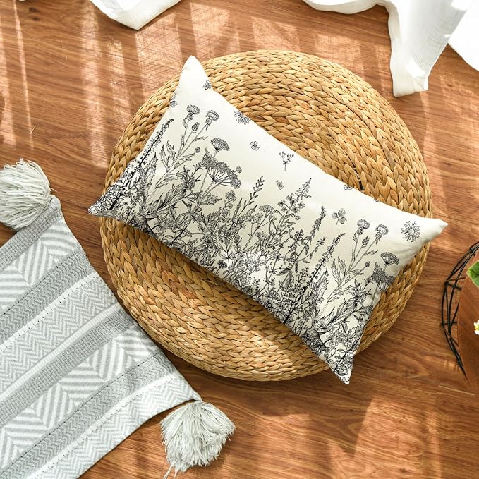 AVOIN colorlife Wildflowers Spring Grey Throw Pillow Cover 12x20 Inch | Antique Herbs Flower Cushion Case Decoration for Sofa Couch