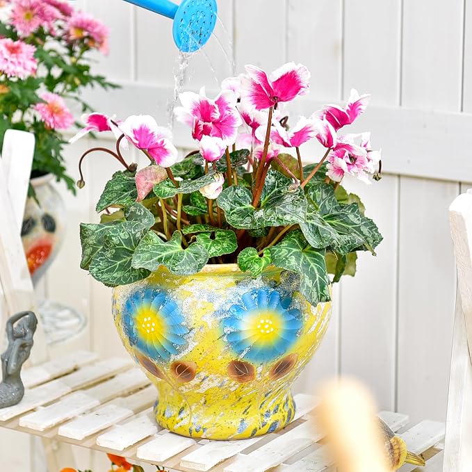 Sungmor 9 Inch Hand Painted Ceramic Succulent Plant Pots - Yellow & Daisy | Vintage Decorative Pottery Planters for Indoor Outdoor Plants, Table Centerpieces & Flower Arrangement Home Decor