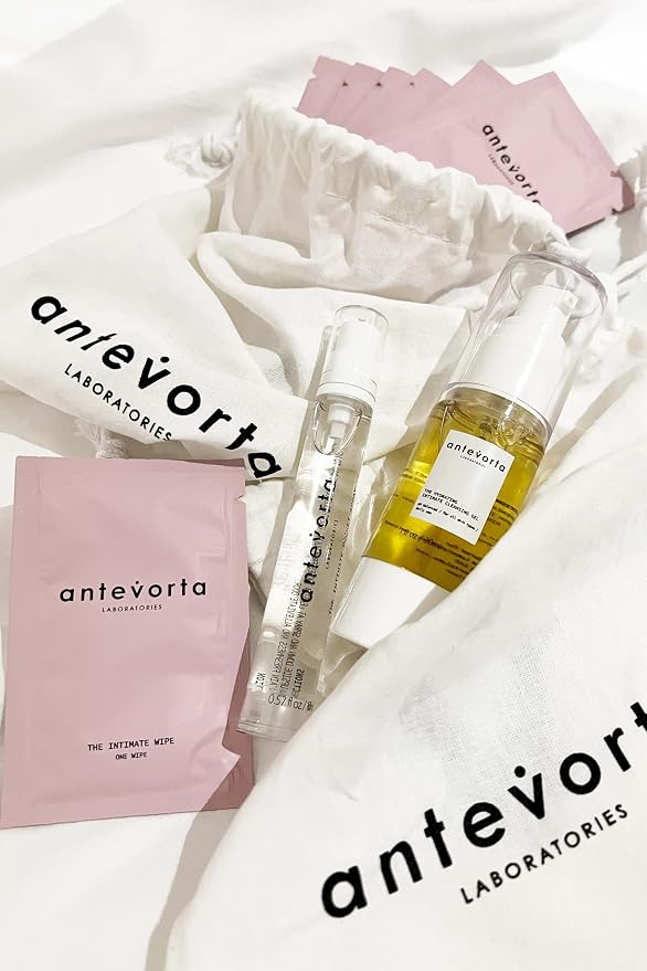 Antevorta Feminine Care - The Discovery Kit - Hydrating Cleansing Gel (30ml), Intimate Pocket Spray (17ml) & Flushable Intimate Wipes (5 Pack) - pH-Balanced Female Control Travel Set