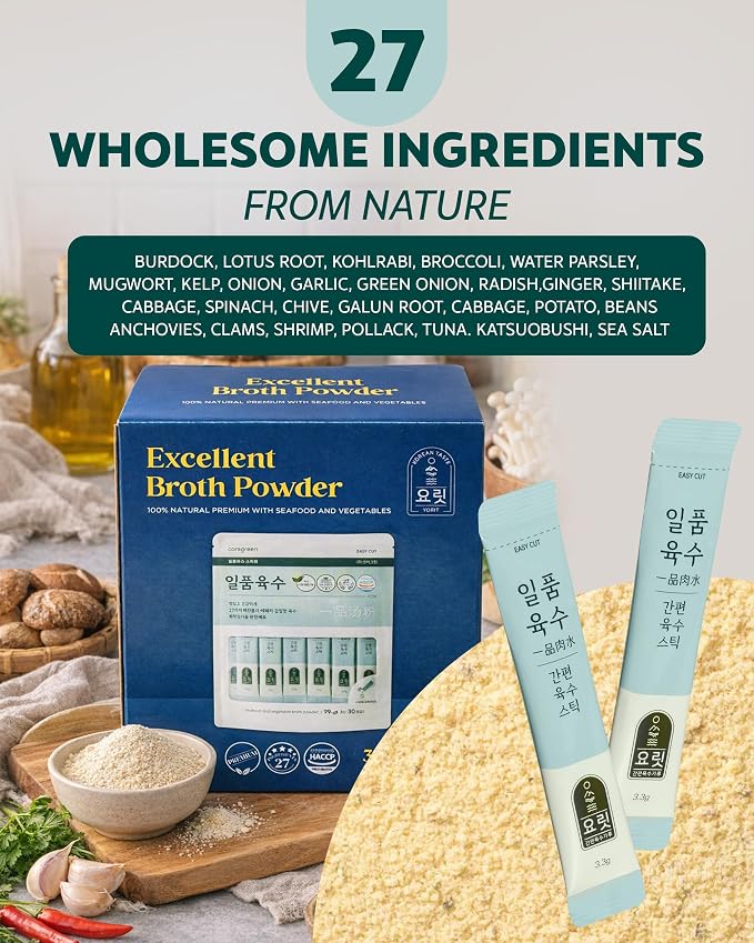Yorit Korean Seafood & Vegetable Broth Powder, 120 Sticks | 27-Ingredient Umami Stock, Dissolves in Hot or Cold Water Without Simmering; for Stews, Ramen, Hot Pot, Stir-Fries & Sauces