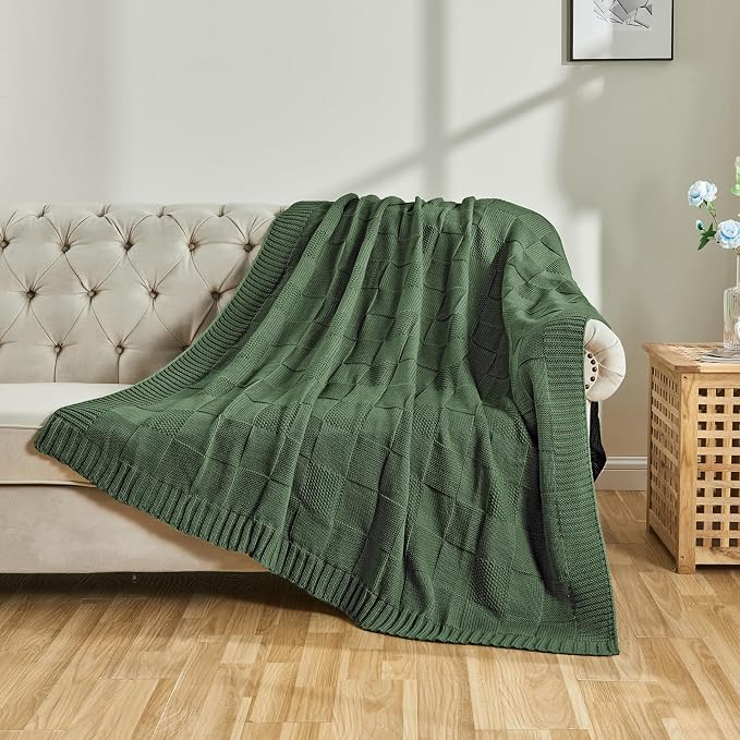 CozeCube Christmas Green Knitted Checkered Throw Blanket 50"X60" | Check Knit Throw for Couch, Decorative Christmas Soft Cozy Warm Blanket for Bed Sofa Living Room