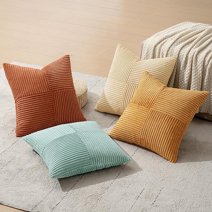 MIULEE Fall Boho Farmhouse Decorative Throw Pillow Covers 20x20 Inch 4 Packs Soft Vintage Pillow Cases Modern Corduroy Patchwork Cushion Covers for Couch Sofa Bed Home Decor, Teal-Rust