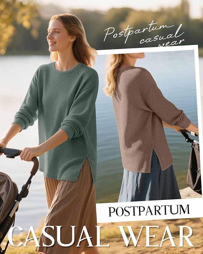 3 Pack Women's Maternity Shirts Long Sleeve Waffle Knit Side Split Oversized Tops Pregnancy Clothes Fall Tees