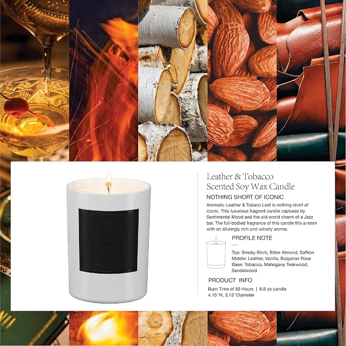 Scented Aromatherapy Candle Lavender Essential Oil All Natural Soy Wax Leather & Tobac Highly Scented Candles for Home Christmas Gifts for Men Anniversary for Him Office Decor Gift Ideas 8.8oz 50hrs