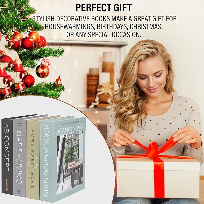 4 Pcs Decorative Books | Faux Olive Coffee Table & Shelf Decor | Earthy Botanical Look for Living Room, Office and Entryway - Not Real, Tool-Free 2-Min Setup