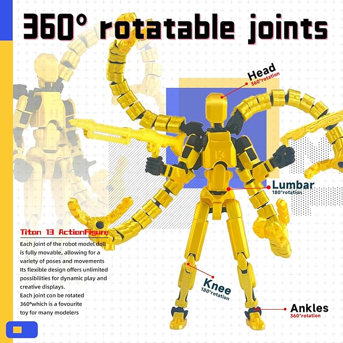 Already Assembled T13 Action Figure Accessories,T13 Multi-Jointed Movable,for Collectors Desktop Decorations t-13 Movability 3D Printed Toys (Golden, 7.2 Inch)