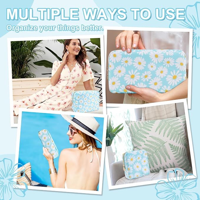UIXIZQ Waterproof Large Floral Makeup Pouch,Nylon Travel Toiletry Storage Purse Preppy Cosmetic Bag for Women Girl,Large Capacity Makeup Organizer Zipper Pouch for Work(L Blue-Daisy)