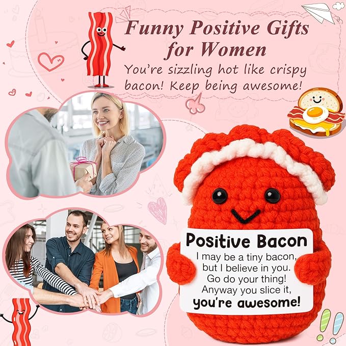Mini Inspirational Positive Bacon Handmade Crochet Bacon for Women Foodies Breakfast Lovers Fun Encouragement Gift for Friends Coworkers Small White Elephant Christmas Birthday Gifts Motivation Decor