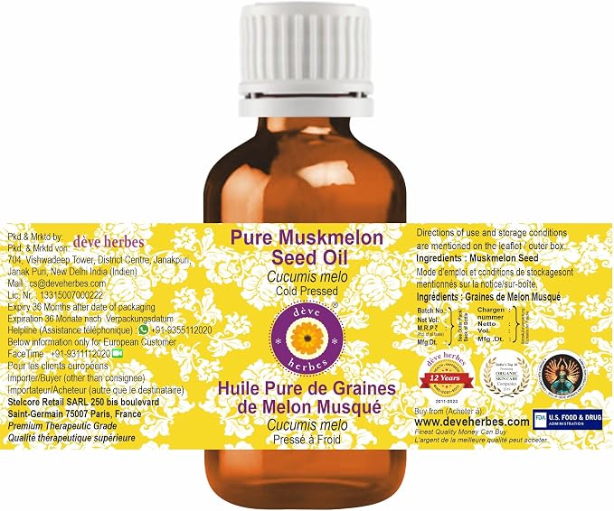 Deve Herbes Muskmelon Seed Oil (Cucumis melo) | Cold Pressed | Pure | Natural | Undiluted | For Diluting Essential oils | For Skin & Massage | Non-Sticky| Lightweight| Men & Women | 30ml (1 oz)