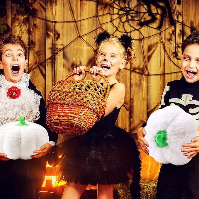 4 Pcs Pumpkin Pillows Fall Halloween Pumpkin Stuffed Animals Rabbit Hair Plush Toys Fluffy Thanksgiving Decor Throw Pillows Gifts for Kids for Home Bedroom Sofa Couch(White)