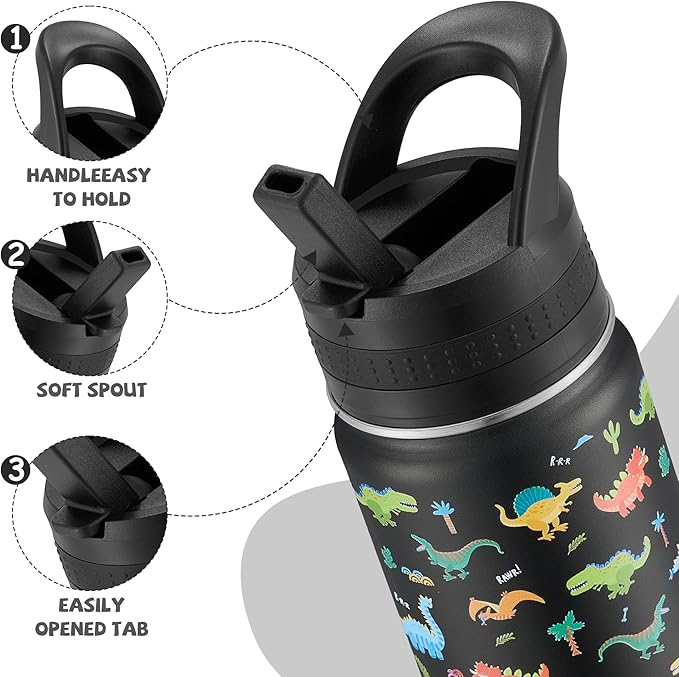 Kids Water Bottle,14oz Stainless Steel Insulated Water Tumbler Leak-Proof,School Water Mug,Small and Portable,Suitable for Boys and Girls to Use(Black cartoon dinosaur)