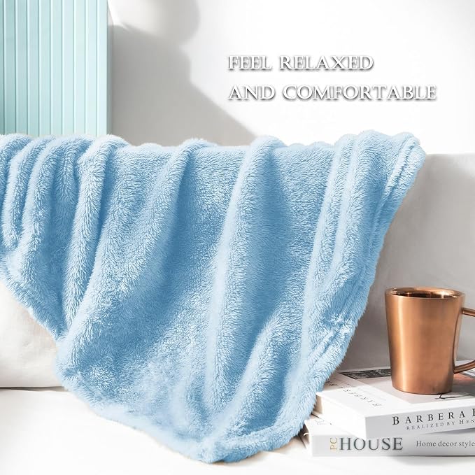 Exclusivo Mezcla Fuzzy Large Fleece Throw Blanket for Couch, Light Blue | 50x70 Inches, Super Soft and Cozy Throw, Plush Fluffy Blanket for Sofa, Bed, Bedroom, Home Decor, All Season