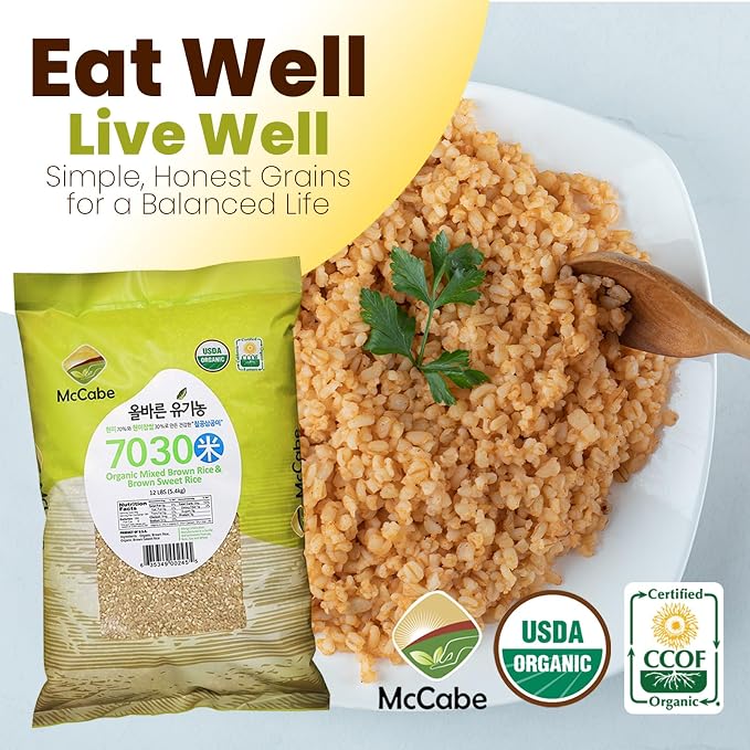McCabe Organic 7030 Brown Rice & Brown Sweet Rice - Rich with Fiber & Minerals | USDA and CCOF Certified | Product of USA | 12Lbs