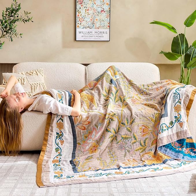 XIBLC Boho Blanket, 100% Cotton Farmhouse Decorative Throw Blanket, 90"x98" Reversible Bohemian Throw Blanket, Brown All Season Muslin Breathable Woven Blankets Quilt