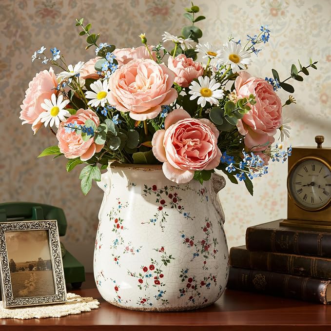 Ceramic Scroll Planter 6.5 Inch Chinoiserie Floral Vase with Drainage Holes Vintage Flower Vase Flower Pot Rustic Ceramic Pots for Indoor Plants Garden Home Bookshelf Decor(Milky)