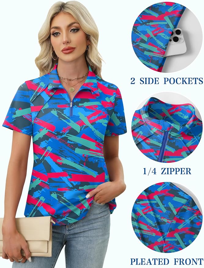 LOMON Womens Golf Polo Shirt Summer Short Sleeve Quarter Zip Outfit | Side-Pockets,Princess Seams,Cotton,Wrinkle Free,Moisture Wicking,Quick-Dry,Lightweight,Collared,for Tennis Workout