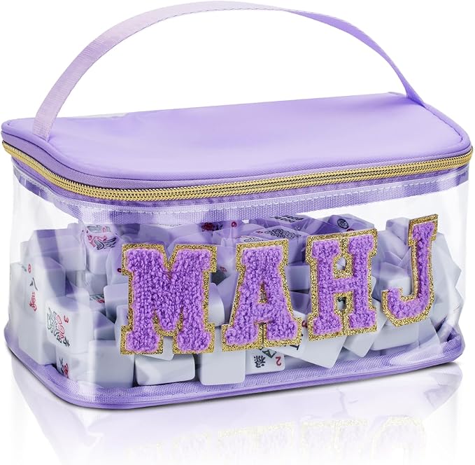 Handheld Mahjong Tile Bag, PVC Clear Mahjong Bag for 166 American Mahjong Tiles, Waterproof Mah Jong Case with Zipper & Lettters for Game Lover Gift Travel, Case Only(Purple)