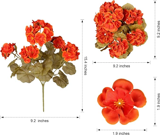 Fake Geraniums Artificial Flowers for Outdoors Fall Autumn Decoration, 6 Bundles Silk Geraniums Look Real Faux Fall Flowers Plants for Front Door Garden Planter Patio Balcony Yard Home Indoor, Orange