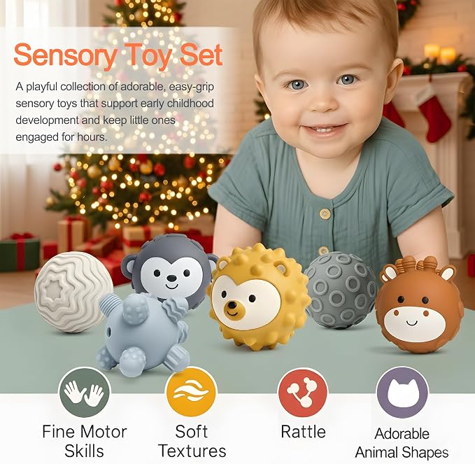 6-Pack Baby Sensory Balls, Textured & Animal Face Toddler Balls, BPA-Free Soft Teething Toys, Montessori Developmental Toys for Babies 6-12 Months, for Infant