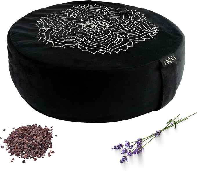 Black Velvet Embroidered Meditation Cushion - Buckwheat Filled with Lavender and Removable Foam Pad - Ideal for Yoga, Stress Relief, Mindfulness, and Holistic Living