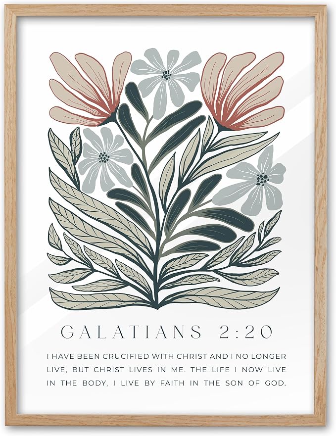EcoHest 16x20 in Galatians 2:20 Abstract Floral Framed Christian Wall Art | Solid Oak Wood Frame with Canvas Wall Art, Boho Scripture Bible Verse Decor for Bedroom, Living Room, Office, Church, 1Pack