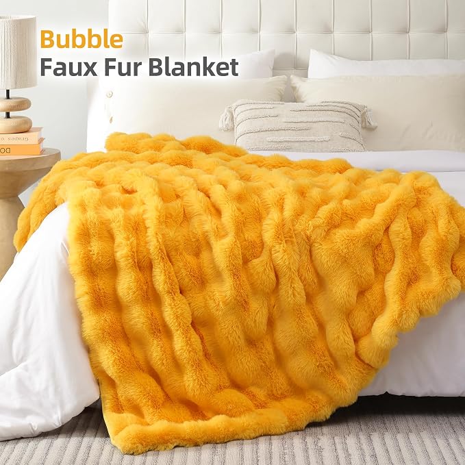 Faux Fur Throw for Couch - Mustard Yellow Bubble Blanket 60"x80" | Fluffy Plush Fuzzy Throw for Sofa & Bed, Super Soft Cozy Comfrt Blanket, Luxury Aesthetic Yellow Decor Gift for Women