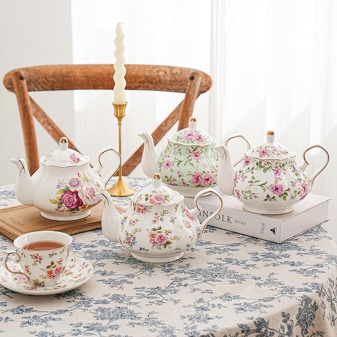 Agyiuns Flower Ceramic Teapot,22oz Porcelain Tea pot for Tea Coffee Milk for Office Home Men Women as Gift(White and small flowers)