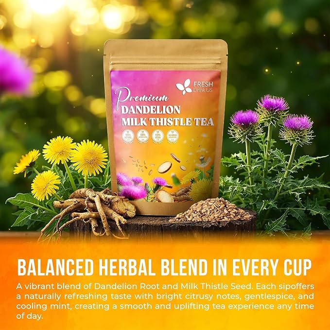 FreshDrinkUS, Premium Dandelion Milk Thistle Herbal Tea | 75 Tea Bags | Herbal Blend with Dandelion Root & Milk Thistle Seed – Clean Plant-Based Daily Tea, Naturally Caffeine Free. Sugar Free. Vegan