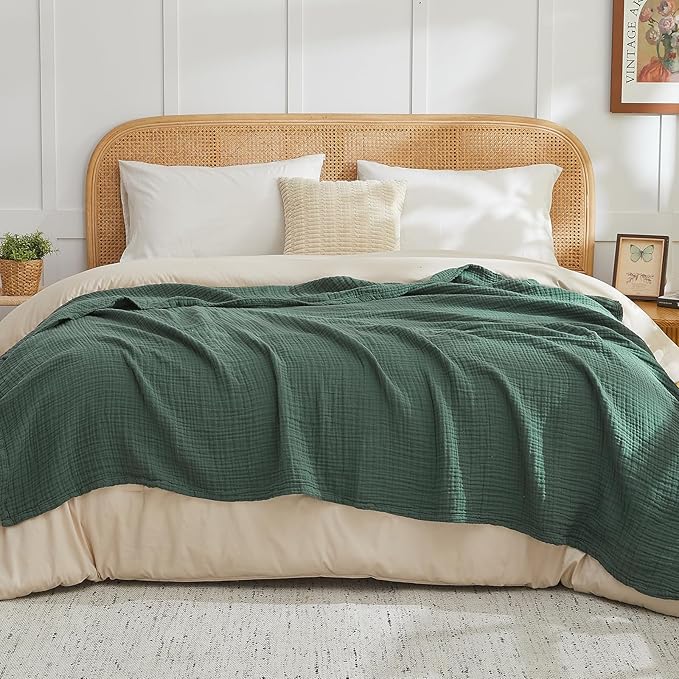 EMME Muslin Blankets for Adults Throw Blanket for Couch Breathable Gauze Soft Lightweight Airy Forest Green King 108" x 90"