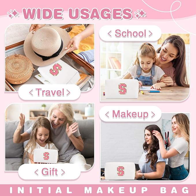 Small Personalized Initial A-Z Patch Makeup Bag,White Cute PU Leather Glitter Letter Cosmetic Bag for Teen Girls,Travel Toiletry Bag with Zipper,Preppy Monogrammed Birthday Gift for Daughter Niece S