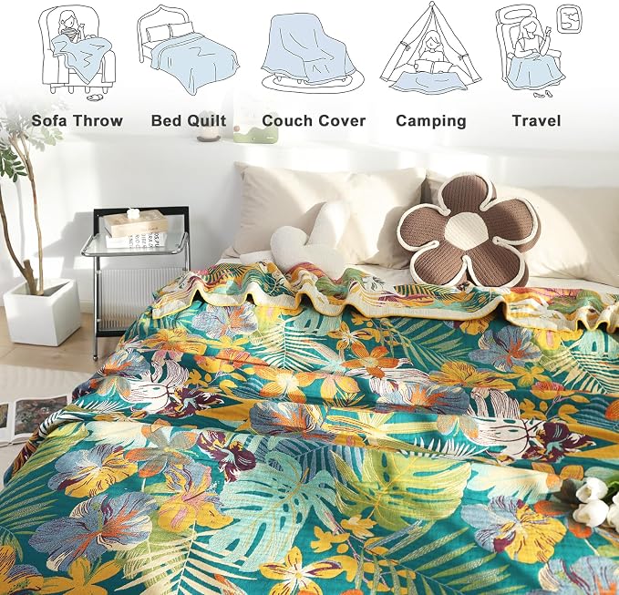 MSGKV Boho Throw Blanket 60"x80" Cotton Floral Blanket for Couch Sofa Bed | Super Soft Muslin, Everyday Comfort, Living Room Decor, Bedroom Decor, Breathable Lightweight, Machine Washable, Cozy Comfort