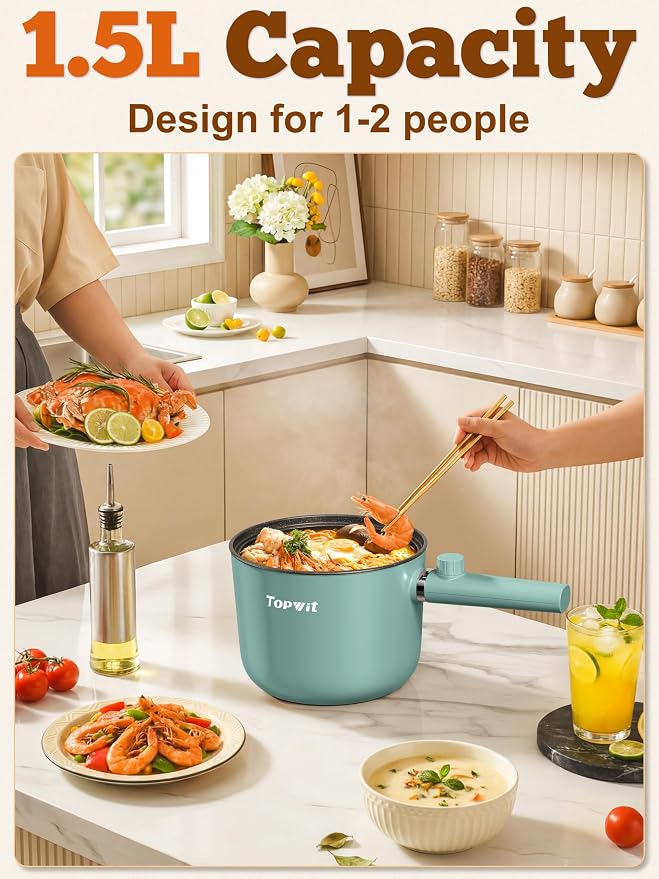 Topwit Hot Pot Electric, 1.5L Ramen Cooker, Portable Non-Stick Frying Pan, Hot Pot for Pasta, Steak, BPA Free, Electric Cooker with Dual Power Control, Over-Heating & Boil Dry Protection, Green | BPA-free, Glass Lid, Overheat & Boil-dry Protection, Ele...